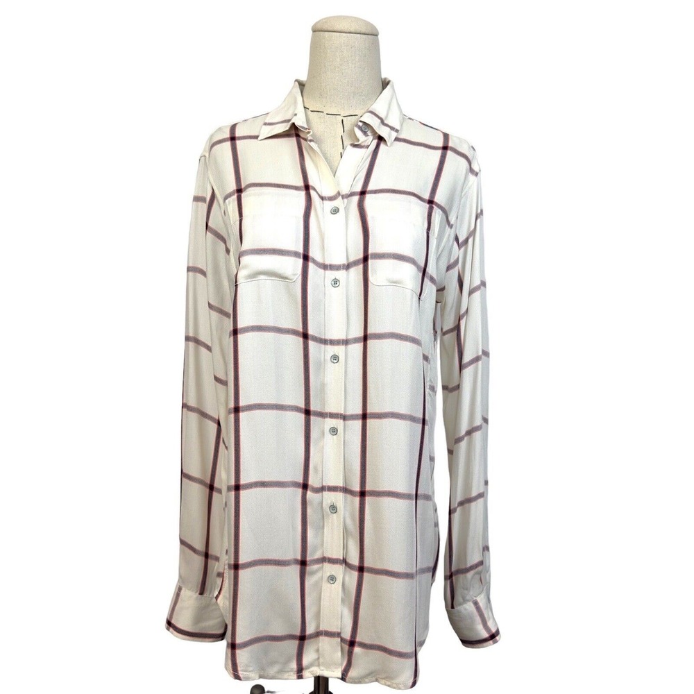 Stylus Women's White Burgundy Plaid Long Sleeve Button Down Shirt Size Small
